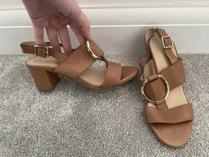 RUSSELL & BROMLEY TRICK Sandals Size UK 5 EU 38 Tan Brown Leather Gold Ring - Picture 1 of 9