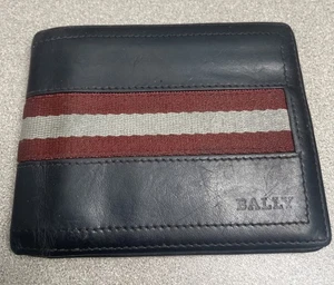 Authentic Bally Men's Leather Wallet Bifold Medium Card Black Striped Logo - Picture 1 of 11