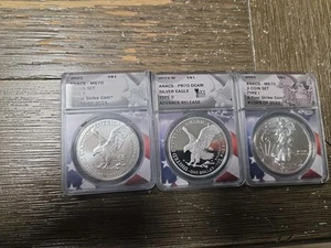 2021 W S Type 1 & 2 Silver Eagle 3 Coin Set Anacs PR70 - Picture 1 of 2