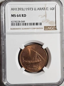 United Arab Emirates 10 Fils AH 1393 / 1973 NGC MS 64 RD - Picture 1 of 2