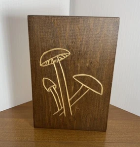 Vintage gemeißelte geätzte Holz Pilz Plakette geschnitzt Wandbehang MCM signiert - Bild 1 von 6
