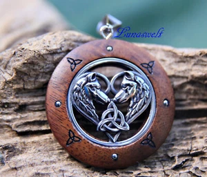 Amulett Wölfe mit keltischem Knoten Walnussholz und Edelstahl - Picture 1 of 2