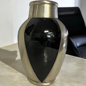 Modern Art Deco Black Glaze Terracotta Vase Silver Detailing - Picture 1 of 9