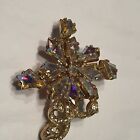 Vtg Crystal Snowflake Pin Iridescent Crystals Gold Tone Frame Pave Swirl
