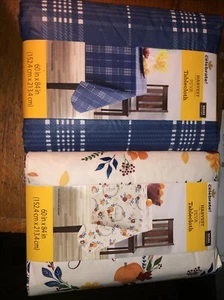 Celebrate Harvest PEVA Rectangle Tablecloth X2 Blue Check + Fall Theme 60"x84" - Picture 1 of 9