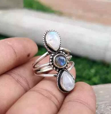 Anillo de plata esterlina 925 con piedra lunar arco iris hecho a mano todas las tallas C548 Foto 1 de 4