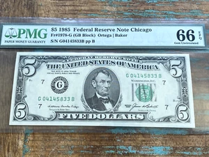 $5 1985 1978-G GB G-B Block Chicago FRN PMG 66EPQ - GEM + - Picture 1 of 2