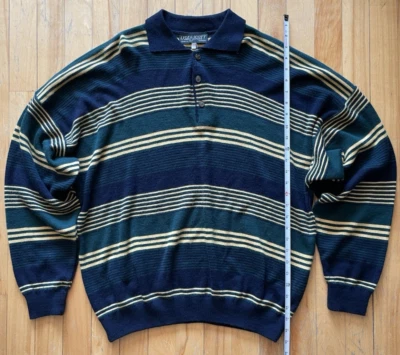 Lyle & Scott Made in Italy Collared Wool Knit Sweater L Striped Green And Yellow - Image 1 of 4