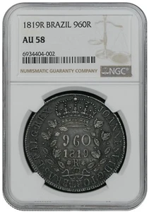 1819-R Brazil 960 Reis Struck Over 1818 Mexico 8 Reales NGC AU 58 - Picture 1 of 4