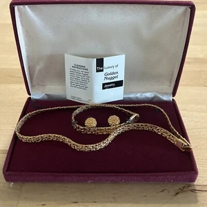 Vintage Gold Tone Flat Nugget Link Jewelry Set Necklace Bracelet Earrings Estate - Picture 1 of 14
