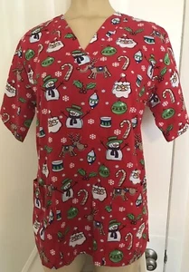 UA Scrubs Winter Christmas Santa Snowflakes Short Sleeve Scrub Top Red XS - Picture 1 of 6