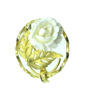 Figurale weiße Rose Brosche CRCO 12k GF Gold Filled Kreis Vintage - Bild 1 von 4