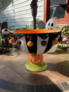 RARE DEPT 56 Glitterville Punch Bowl HALLOWEEN Orange Pumpkins & Black Cats - Picture 1 of 12