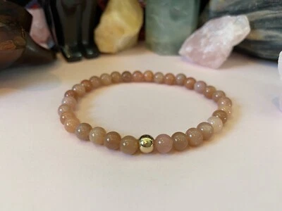 Peach Moonstone 手镯  7 英寸弹力手链。 天然高档宝石 — 第 1/4 张图片