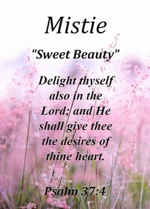 Tarjeta de significado de nombre de recuerdo Mistie "Sweet Beauty" con versículo bíblico - Imagen 1 de 1