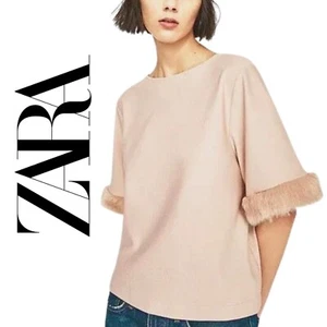 Zara Woman Bluse Kastig Strick Kunstfell Bündchen Kurzarm Oberteil GR M ROSA BLUSH COL - Bild 1 von 9