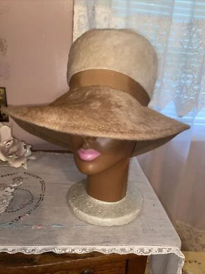 Vtg Martelle Mister T Camel Beige Wide Brim Faux Fur Ribbon Hat West German - Image 1 of 4