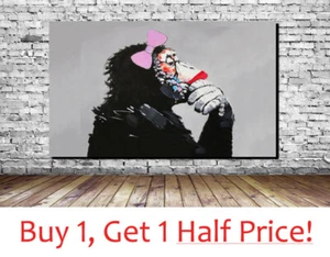 BANKSY MONKEY WITH BOW : CANVAS WALL ART PRINT - : Banksy Gorilla Picture - Picture 1 of 4