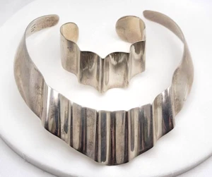 Vintage Taxco Mexico .925 Sterling Silver Modernist Choker Necklace & Bracelet - Picture 1 of 6
