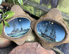 Antique Glass picture Edwardian HMS Victory & Dreadnought ship reverse painted