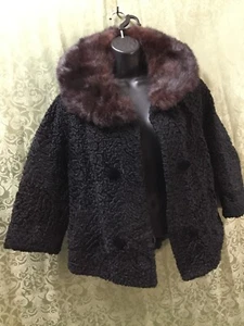 Black Persian Lamb Jacket Size S/M brwn rabbit Fur Collar Curly Wool Vintage 60s - Picture 1 of 11