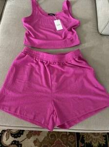 NewTwo Piece Outfit Women Summer Shorts Set Sleeveless Matching Crop Top Pink XL - Picture 1 of 5