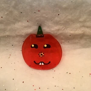 Painted Glass Jack O Lantern Pumpking Hanging Ornament Orange Bucktooth Curved - Picture 1 of 4