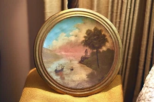 19th Century Oil Painting on Copper, Beautiful Ships on Bay with House! - Picture 1 of 16