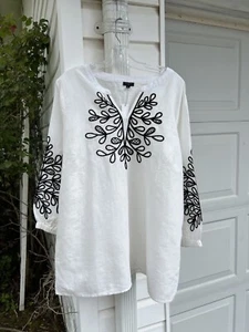 NWT Talbots Gorgeous White Black Leaf Embroidered Linen Cotton Lined Tunic 3X - Picture 1 of 4