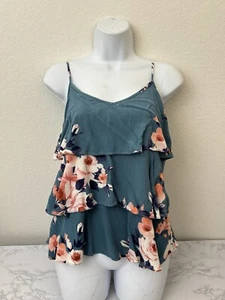 Bobeau Blouse Womens M Spaghetti Straps Tiered Ruffle Paisley Blue Floral D2 - Picture 1 of 5
