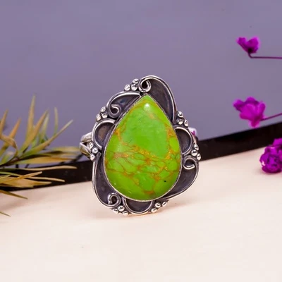 Copper Green Turquoise 925 Sterling Silver Ring, Christmas Gift, Oxidised Ring - Image 1 of 4