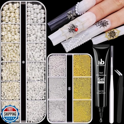 Flatback Pearls (White+Beige) and Metal Nail Beads (Silver+Gold) with Rhinest - Image 1 of 4