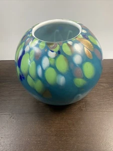 Murano Stil Kunst Glas Vase Blau Kupfer Glitzer Limette Kugel Schale Konfetti Farben - Bild 1 von 4