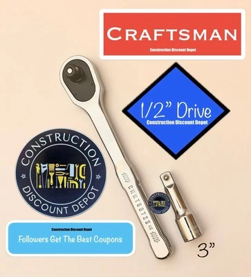 Craftsman 1/2" Full Polish CMMT86723 Low Profile Ratchet & 3" Extension Bar - Image 1 of 2