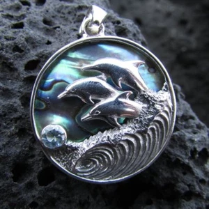Dolphin Wave Necklace. Blue Topaz. Paua Abalone Shell. Sterling Silver. Nalu Des - Picture 1 of 8