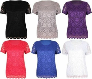 NEW WOMENS LADIES SHORT SLEEVE PLUS SIZE STRETCH FLORAL LACE BLOUSE T-SHIRT TOP  - Picture 1 of 7