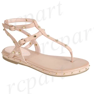 Neu Damenschuhe Sandale T-Riemen Nieten Kleid Sommer Komfort Strand Altrosa - Bild 1 von 1