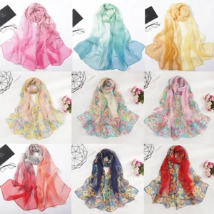 2pcs Women Gradient Flower Wrap Lady Shawl Stole Silk Chiffon Scarf Soft - Picture 1 of 40