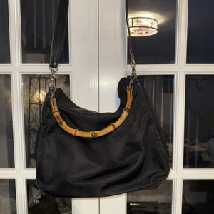 Authentic GUCCI Tote Bag Shoulder Bag Bamboo Nylon Leather Black 2way - Picture 1 of 4