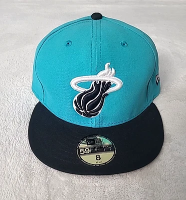 New Era 59FIFTY Miami Heat Fitted Hat Size 8 Teal Black NBA Cap Streetwear Rare - Image 1 of 4