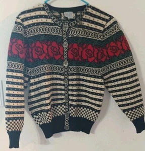 VTG Blueberry Woolens Maine 100% Pure Wool Fair Isle Cardigan Roses Women's S - Picture 1 of 3