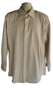 Lands End 17.5 36/37 Tall Wrinkle Free Button Dress Shirt Tan White Check Stripe - Picture 1 of 4