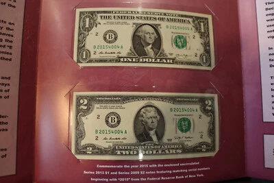 [APRIL 4, 2015] $1 & $2 MATCHING SERIAL #'S SET. SN B 20154004A  BIRTHDAY SET!! - Image 1 of 4