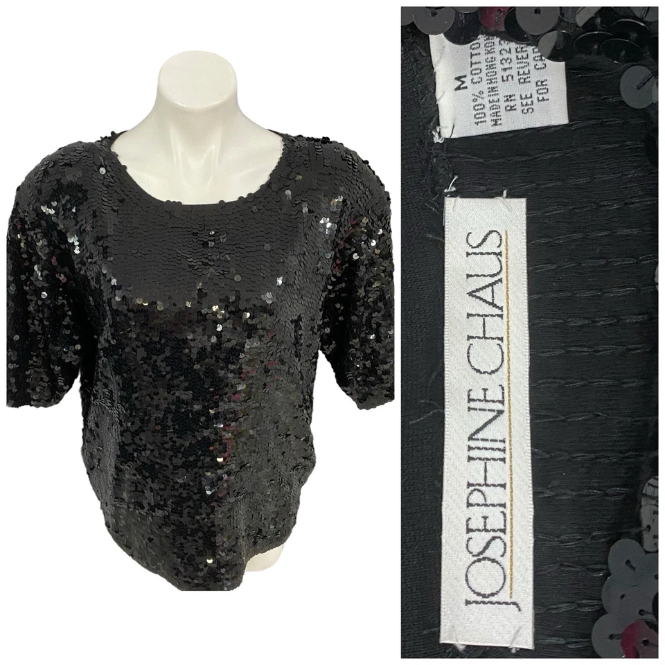 Josephine Chaus Top Womens Medium Black Sequin Holiday Shirt Office Party VTG - Image 1 of 4
