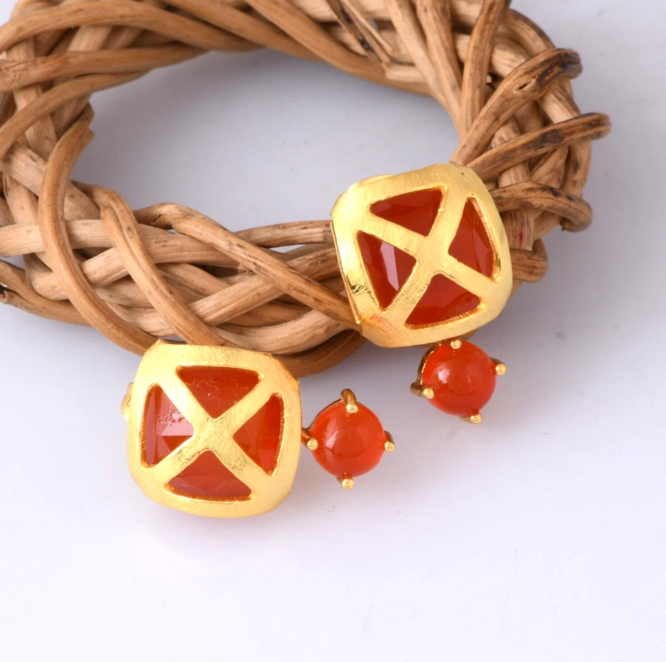 Carnelian Set Turkish Style Designer Stud Gold Earrings Jewelry For Women Gifts - Image 1 of 4