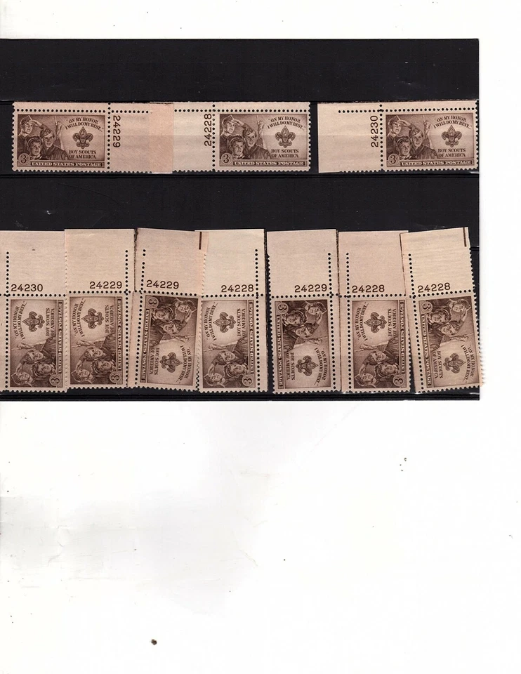 US stamp SCOTT #995, boy scouts singles  with plate #s 7 mnh  3 mh  (mb17 - Image 1 of 1