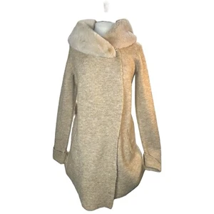 Ellen Tracy Women Camel Wool Blend Duster Cardigan Faux Fur Collar Sweater M - Picture 1 of 19