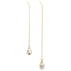Ladies Gold Plated Long Tassel Chain Round Crystal Dangle Drop Threader Earrings - Picture 1 of 3