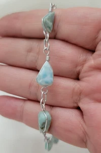 Natural Dominican Larimar Wire Wrap Silver Tone Chain Bracelet 8.5" L - Picture 1 of 5