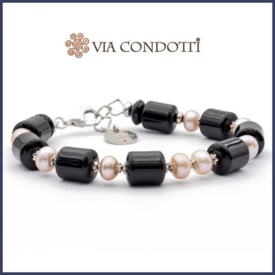 Bracciale in Onice e Perle con Argento 925 braccialetto in Pietre Dure da donna - Immagine 1 di 4